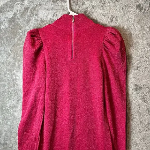 Alice + Olivia Issa Turtleneck Puff Sleeve Dress‎ Pink Glitter LG Wool Blend New